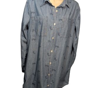 Vintage Disney Mickey Mouse Blue Denim Oversized Button Down Dress Size S Cotton